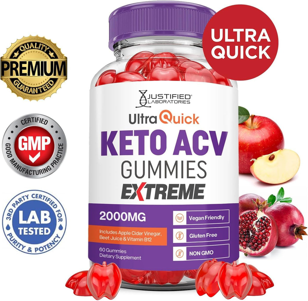 Justified Laboratories (2 Pack Ultra Quick Keto ACV Gummies Extreme 2000MG Ultraquick Keto Gummies Apple Cider Vinegar Formulated with Pomegranate Beet Juice Powder B12 Vegan Non GMO 120 Gummys