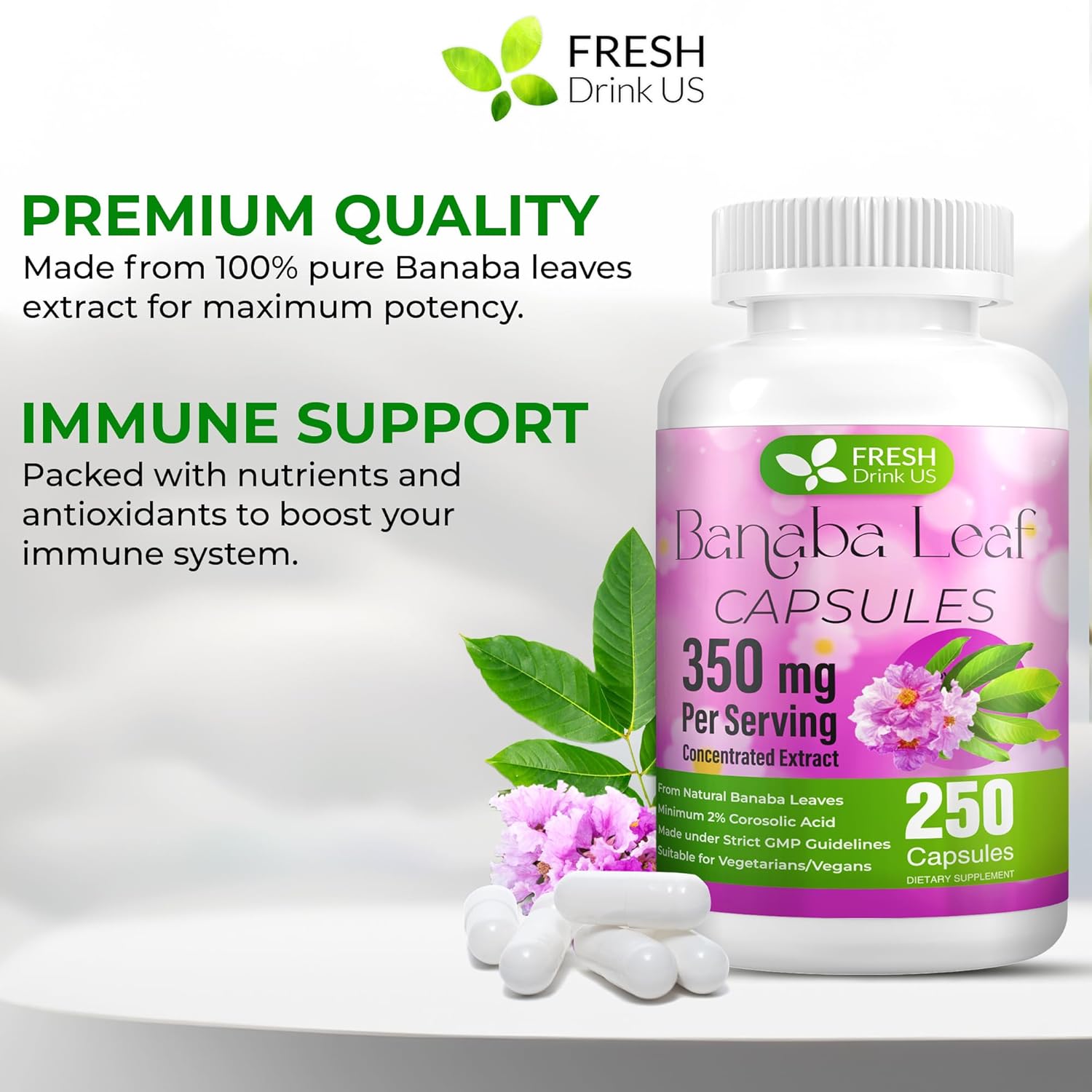 FRESHDRINKUS, 250 Banaba Capsules| High Potency Standardized| 100% from Natural Banaba Leaves Extract| 350mg per Capsule| 350mg per Serving| 250 Days Supply| Vegan Capsules| Non-GMO, Gluten-Free