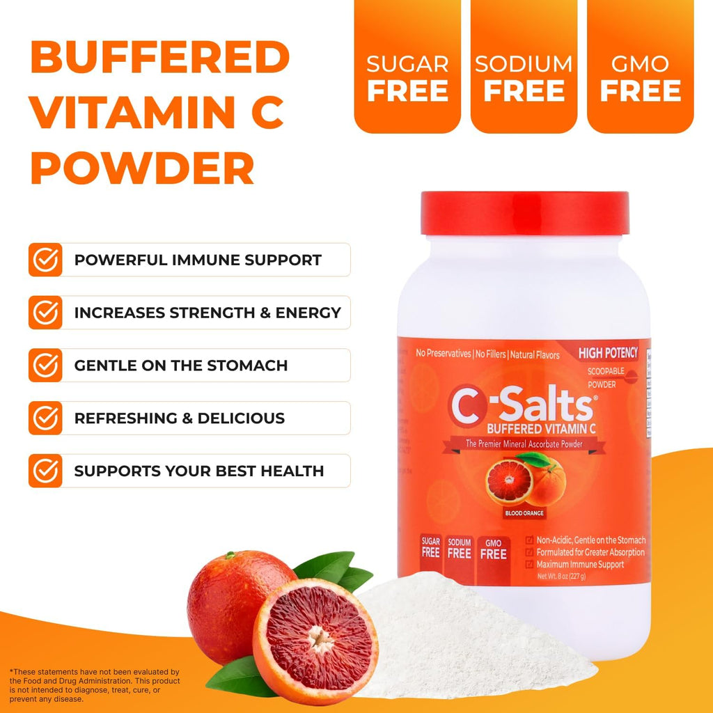 C-Salts Original Vitamin C Powder Supplement - 100% Pure High Dose Buffered Vitamin C Powder for Immune Support - Sugar-Free Powdered Drink Ascorbate, Organic, Stomach-Friendly, Blood Orange 26oz