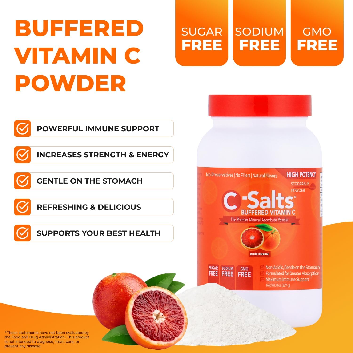 C-Salts Original Vitamin C Powder Supplement - 100% Pure High Dose Buffered Vitamin C Powder for Immune Support - Sugar-Free Powdered Drink Ascorbate, Organic, Stomach-Friendly, Blood Orange 26oz