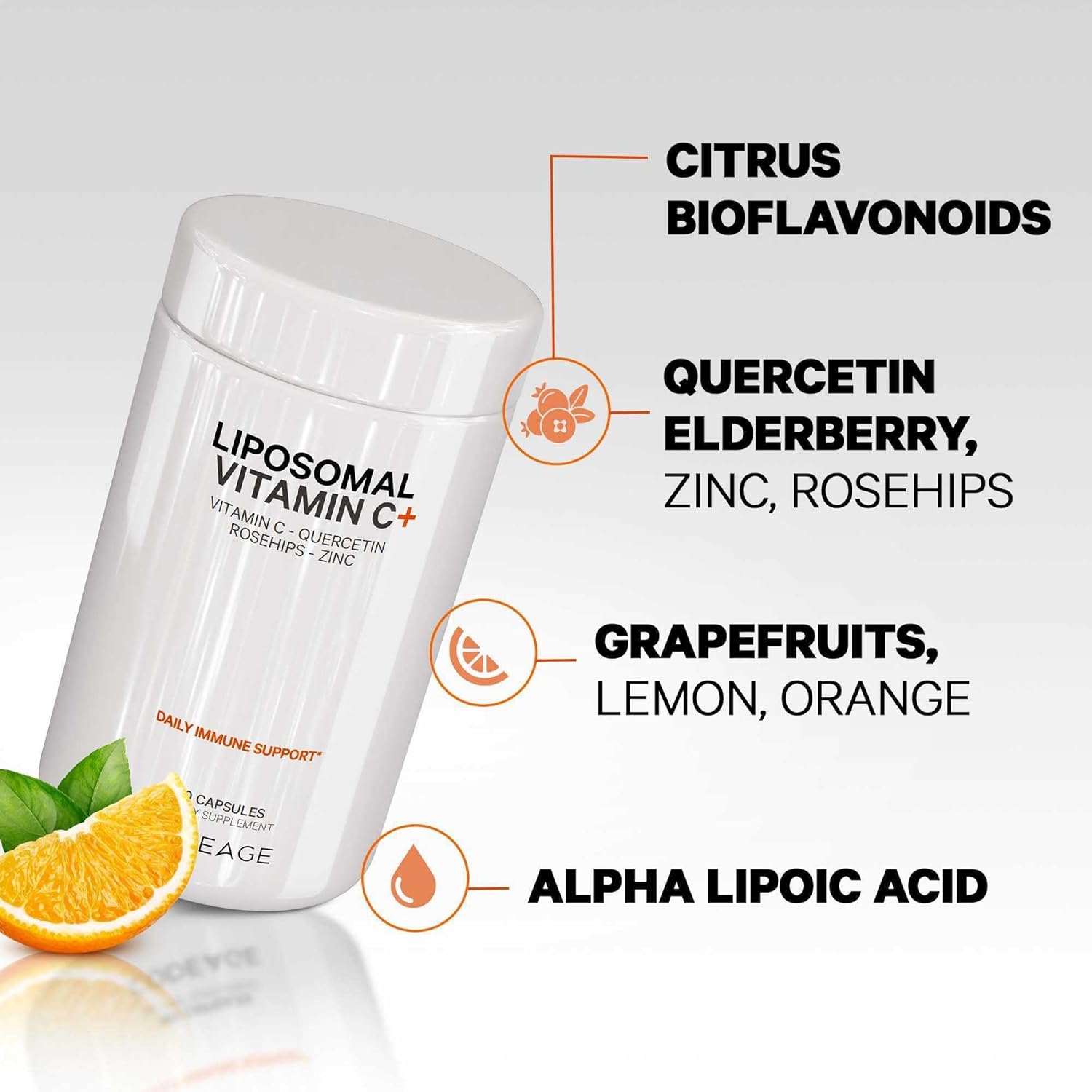 Codeage Liposomal Vitamin C 1500mg with Zinc, Elderberry, Citrus Bioflavonoids Grapefruit, Lemon, Orange Powder, Quercetin & Rose HIPS Fruit – Vegan Supplement - Non-GMO, Vegan Pills, 180 Capsules
