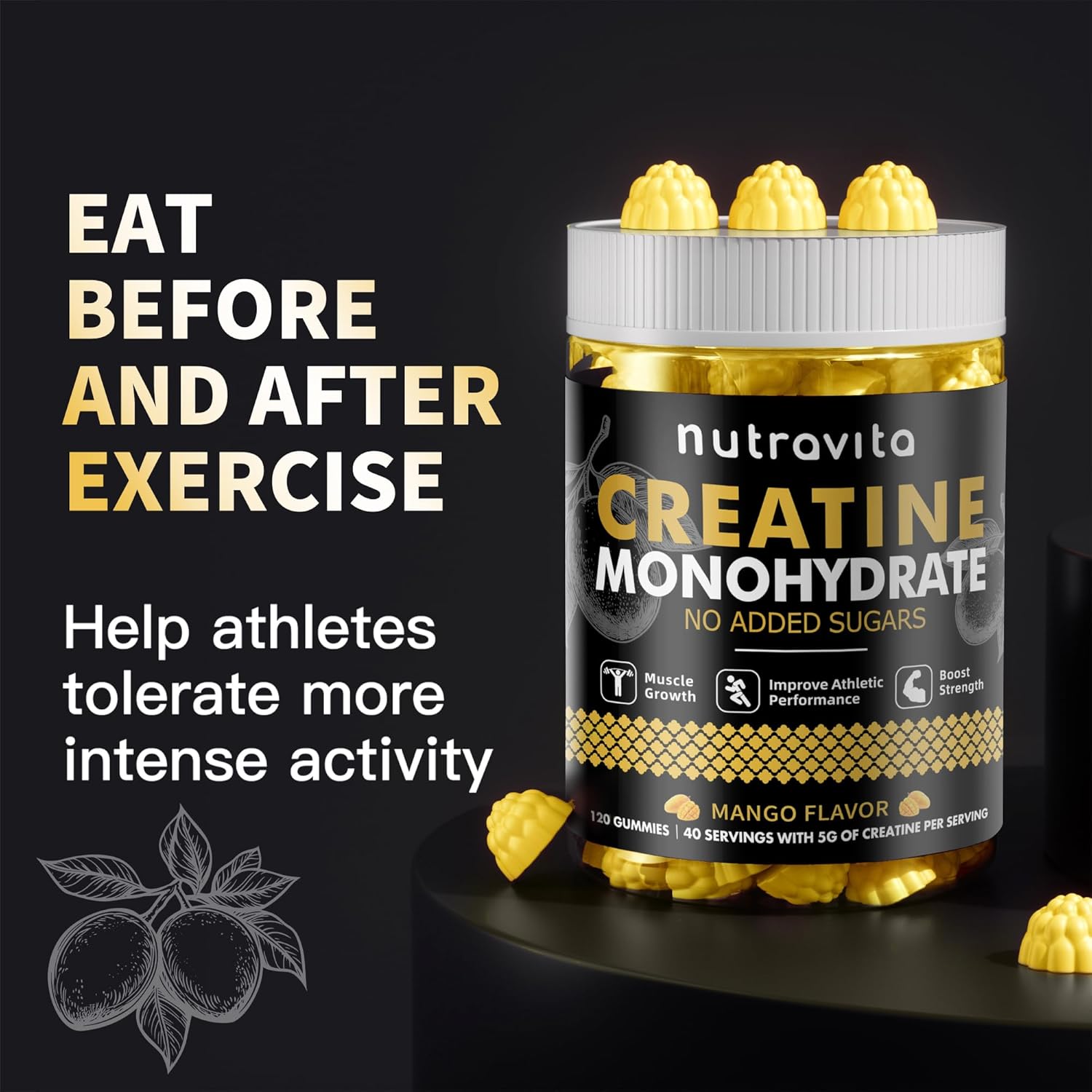 Creatine Monohydrate Gummies for Men & Women-5g of Creatine Monohydrate per Serving - Sugar Free,Vegan, Mango Flavor, 120 Count