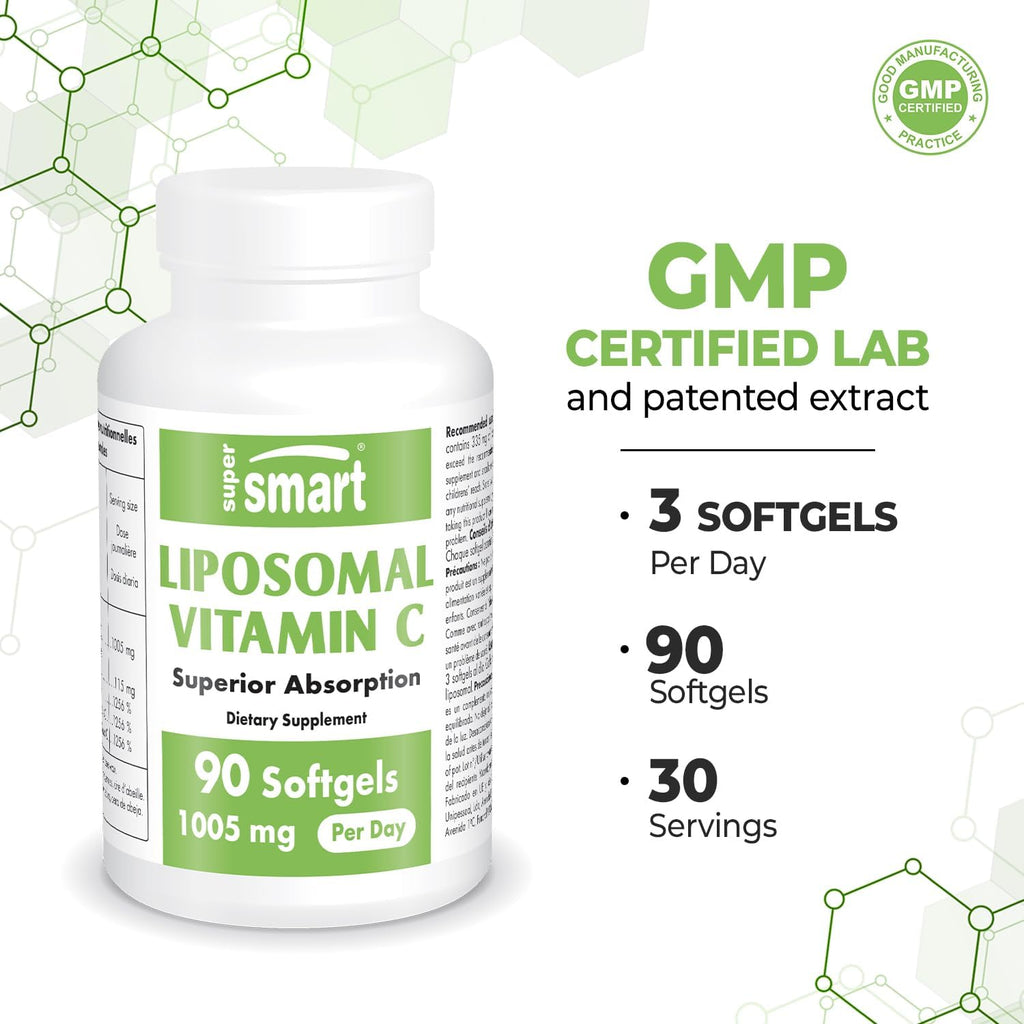 Supersmart Liposomal Vitamin C 1005mg per Day (High Absorbption) - Patented Vitamin C Supplement - Collagen Production | Non-GMO & Gluten Free - 90 Softgels