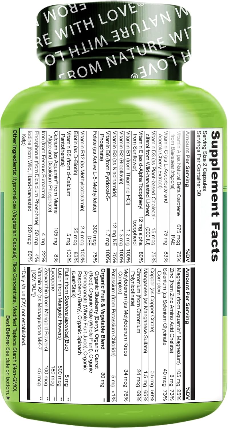 NATURELO Teen Multivitamin - Whole Food Multivitamin - with Minerals for Teenage Boys & Girls - Supplement for Active Kids - Non-GMO - Vegan & Vegetarian - 60 Capsules