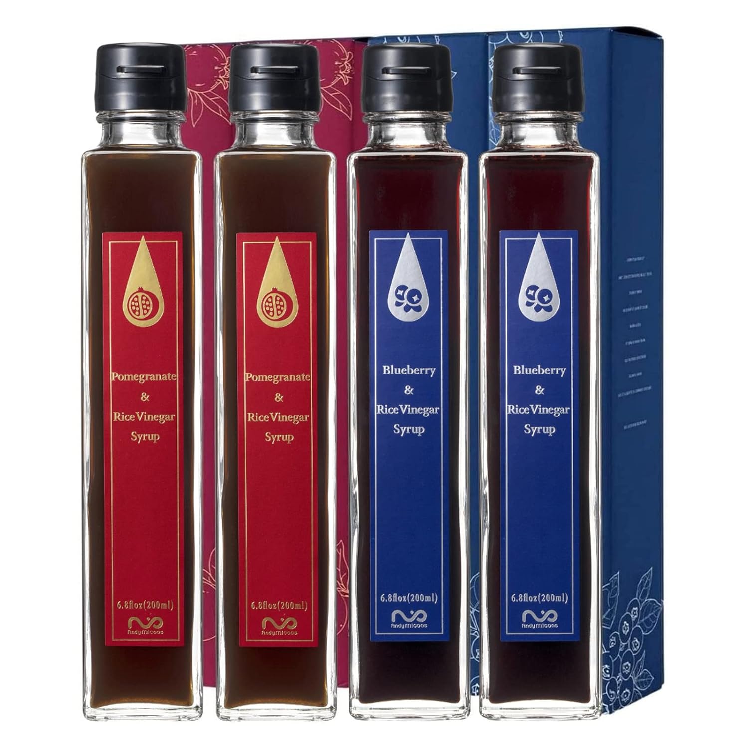 [Micoas] Pomegranate & Rice Vinegar Syrup, Blueberry & Rice Vinegar Syrup, Drinking Vinegar, Shrub, For Gift, Alternative to Alcohol Drink, With Kombucha , Gluten Free , Made in Japan, 200ml (6.8 oz), 4 Pack