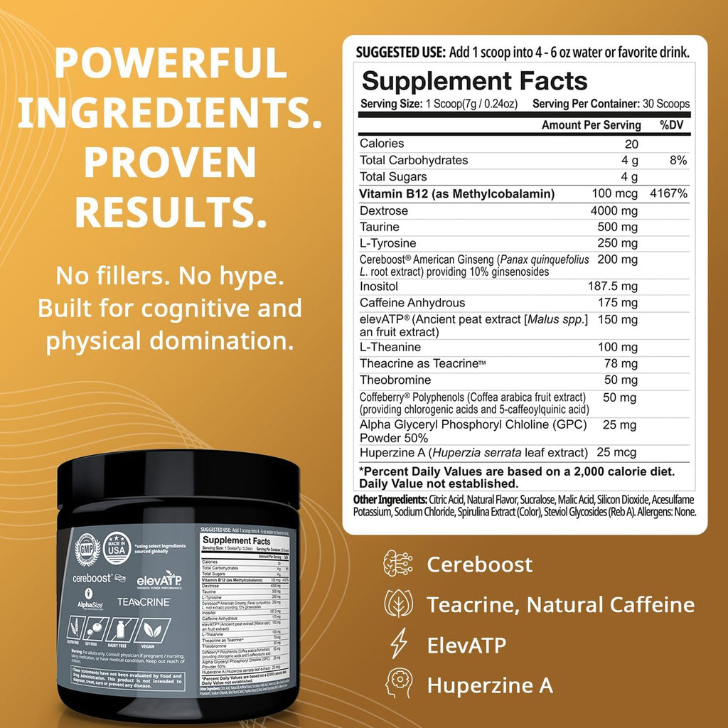 Granite Nutrition GigaBrain Nootropic Energy Powder – Cereboost, Alpha-GPC & ElevATP – Cognitive Focus Supplement for Sustained Energy & Performance – White Peach, 30 Servings