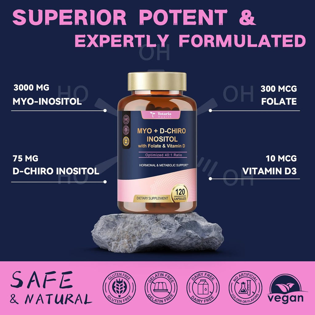 Myo-Inositol & D-Chiro Inositol Supplement Capules 3075mg, Plus Multivitamin Vitamin D3, Folate, Ideal 40:1 Ratio - Hormonal Balance for Women & Ovarian* Support | Vegan, Non GMO - 120 Caps