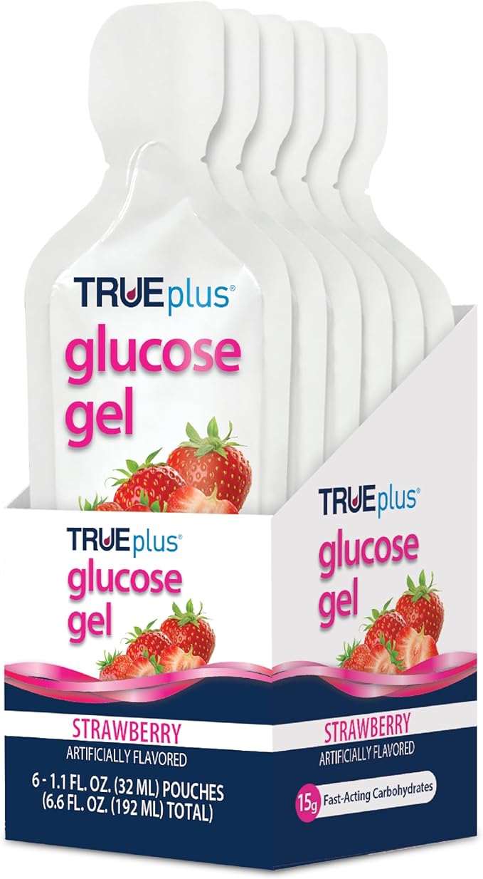TRUEplus Glucose Gel Pouch, Strawberry Flavor, 15g Fast-Acting Carbohydrates, Fat Free, Gluten Free, Quick Support for Low Blood Sugar and Energy, 6 Pack