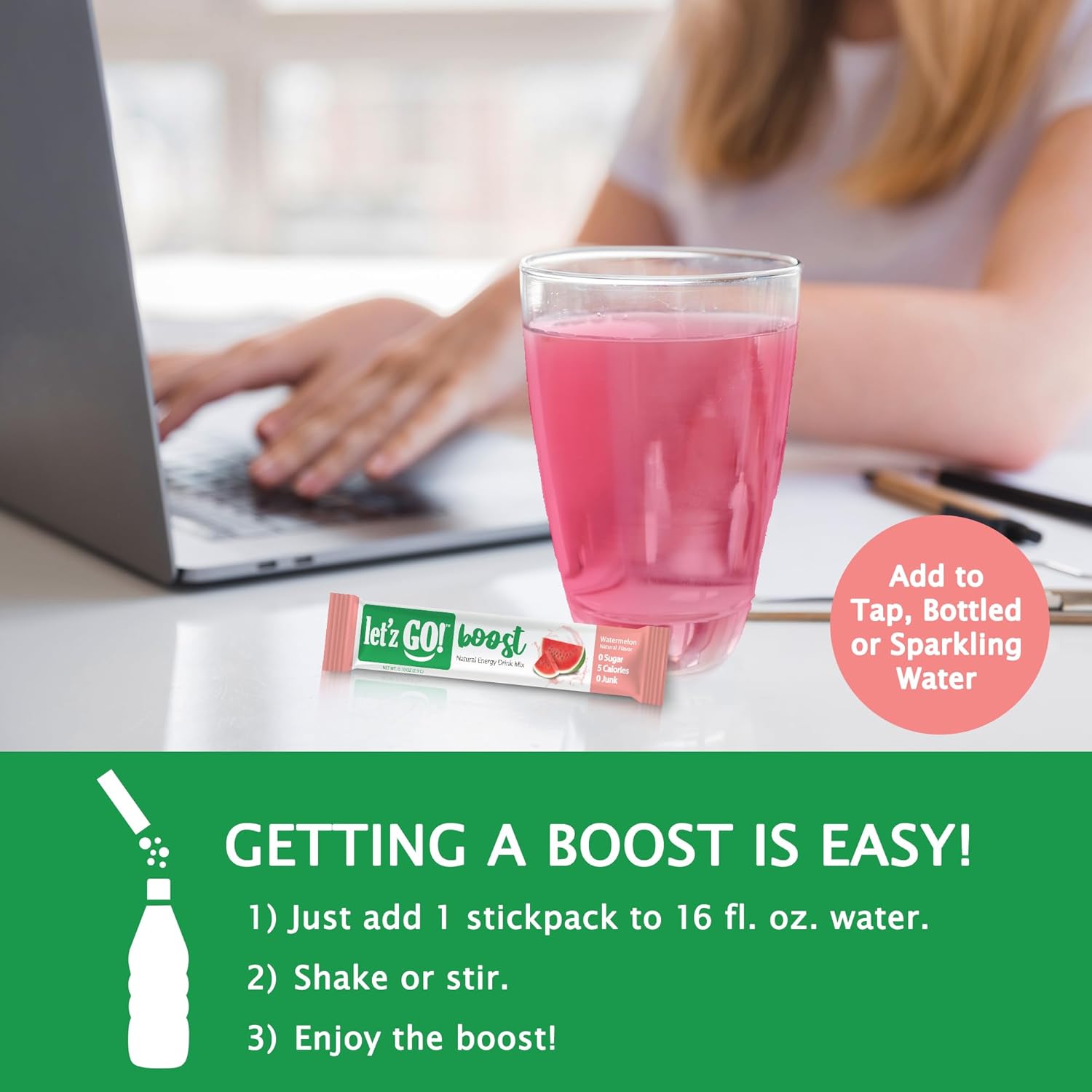 Let'z Go Clean Energy Drink Mix [Healthy Caffeine] Energy Drink Powder With Natural Caffeine Packets, High in Vitamins C + D, Electrolytes, Hydration | Sugar Free | Pre Workout | 15 Count Watermelon