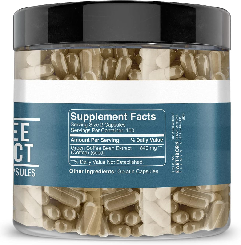Earthborn Elements Green Coffee Bean Extract 200 Capsules, Pure & Undiluted, No Additives