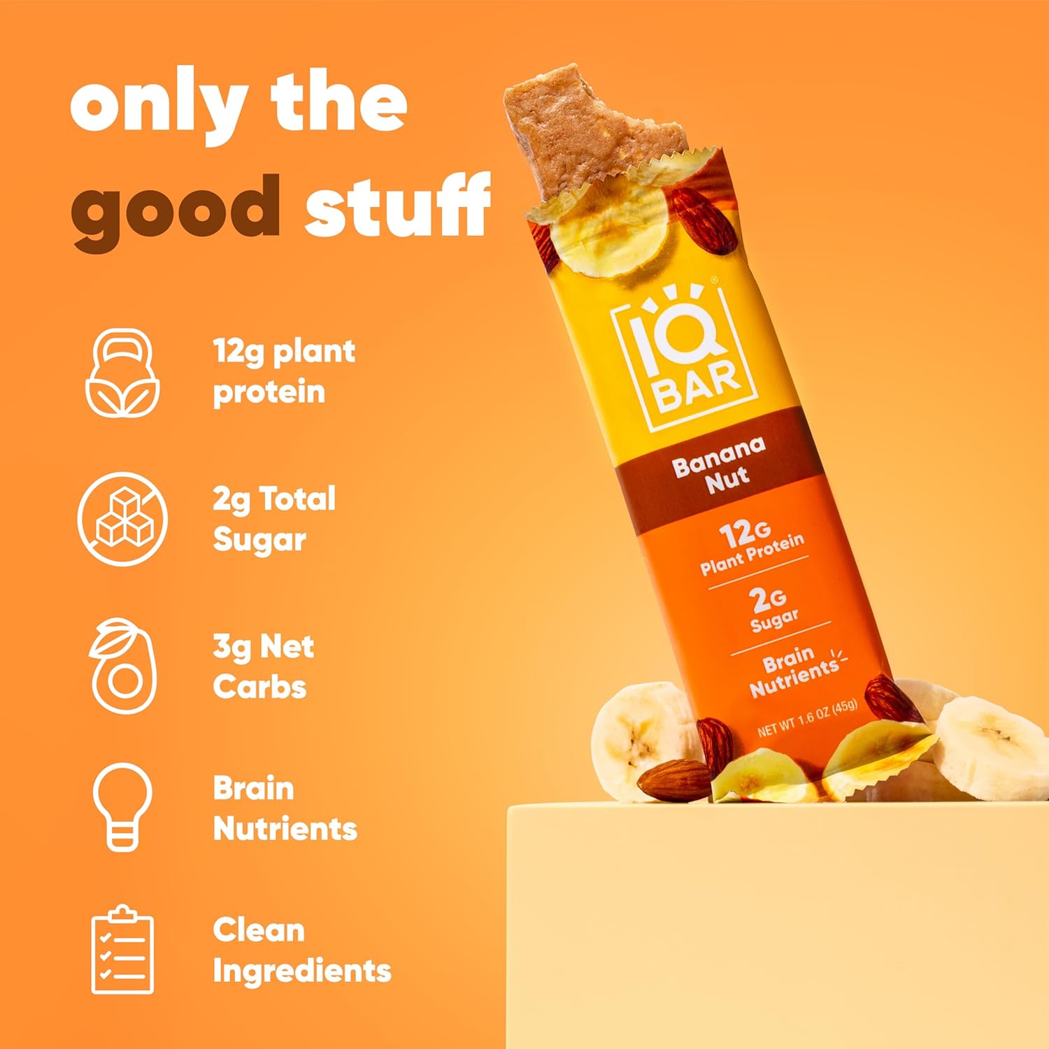 IQBAR Brain and Body Plant Protein Bars Banana Nut 12 Count - Keto, Vegan, Low Carb, High Fiber, Gluten Free, Dairy Free, Low Sugar Snack