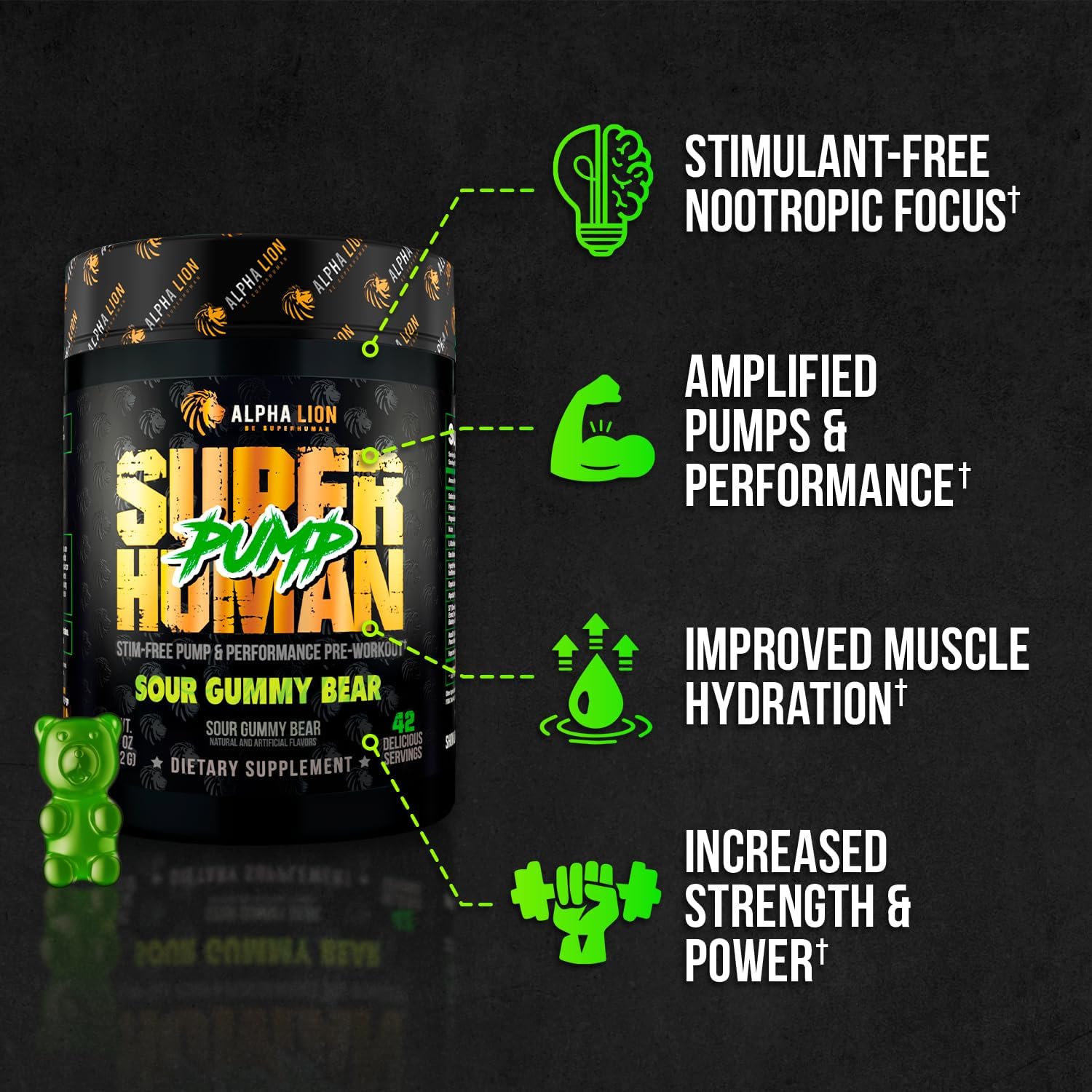 ALPHA LION Superhuman Pump Pre Workout Powder, Nootropic Caffeine & Stim Free Preworkout Supplement, Nitric Oxide Booster, Muscle Gainer, Energy & Focus (42 Servings, Sour Gummy Bear)