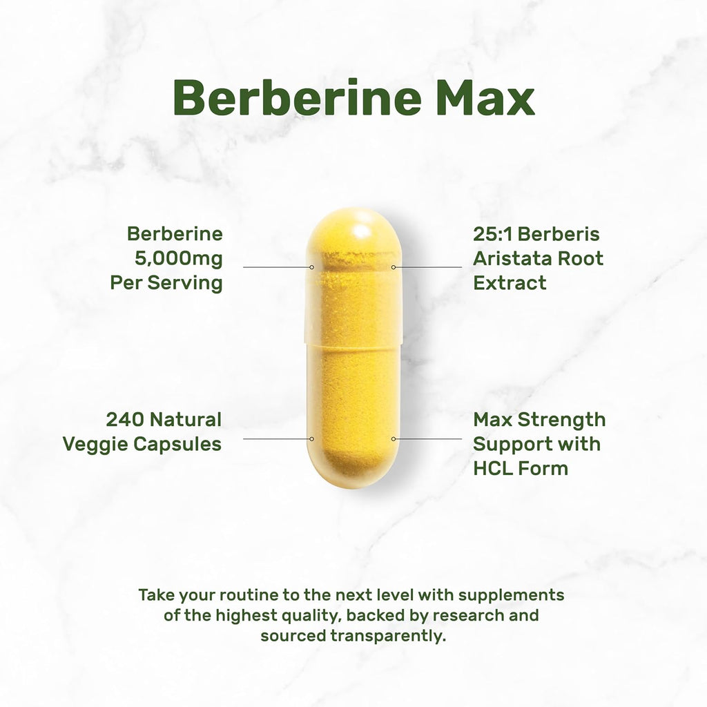DEAL SUPPLEMENT Berberine Max Supplement with Turmeric, 5,000mg Per Serving, 240 Veggie Capsules – 97% Pure Berberine HCL – 25:1 Root Extract – Vegetarian Friendly, Non-GMO