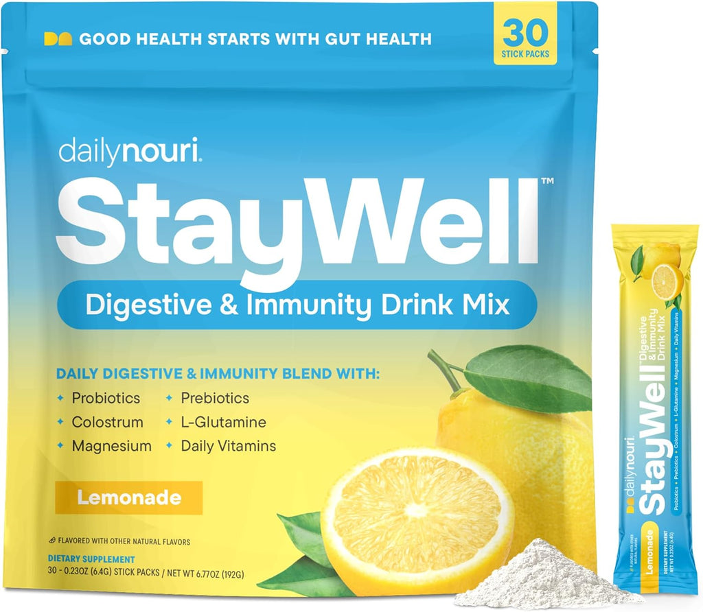 Nouri Daily StayWell Digestive & Immunity Drink Mix | Gut Health, Digestion & Bloating Relief | Probiotics, Prebiotics, Colostrum, L-Glutamine, Magnesium, Zinc, Vitamins | 30 Stick Packs