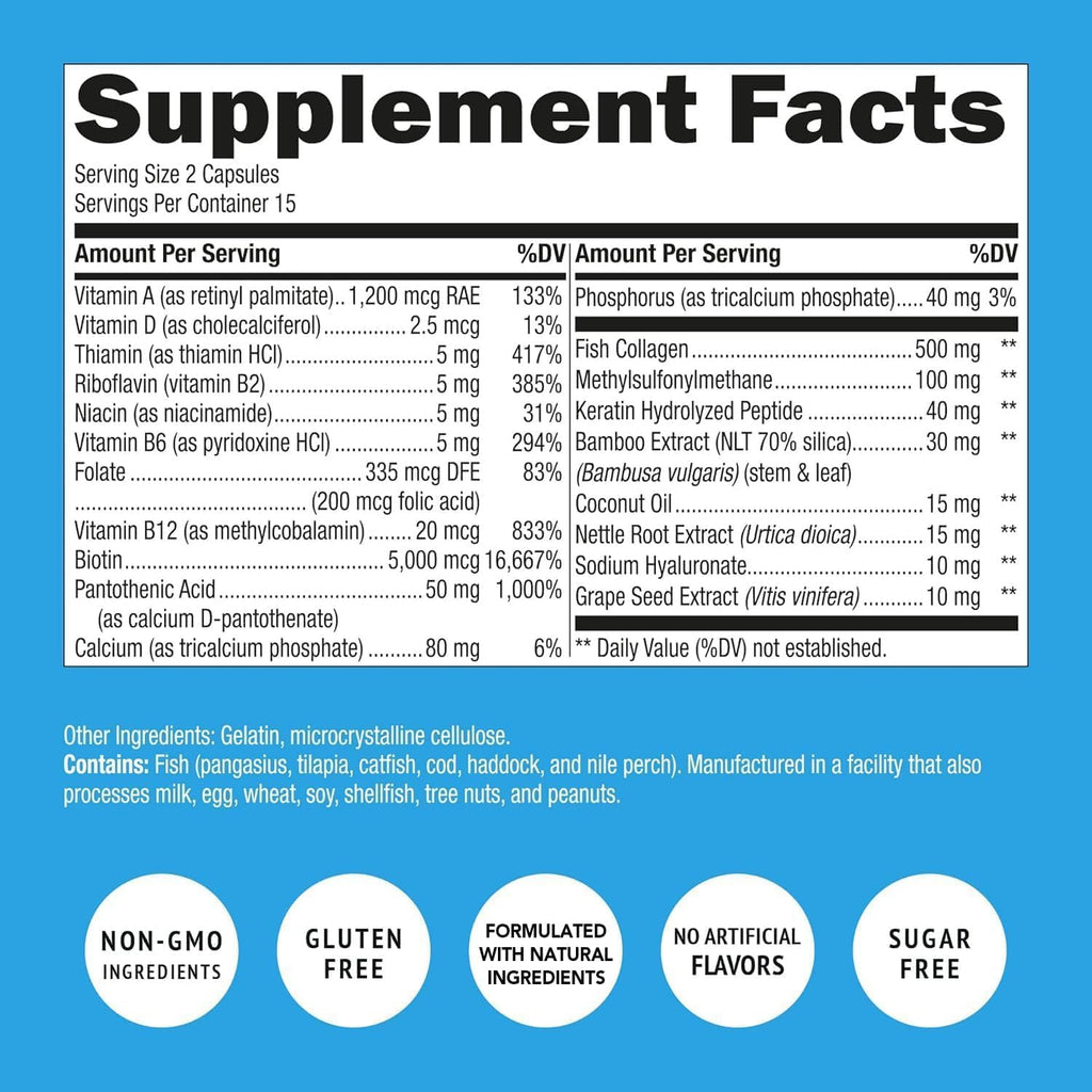 Biotin and Collagen Vitamins + Keratin with Folate - Hair Loss Treatments for Women & Men - Follicle, Skin and Nails Supplements for Hair Growth & Postpartum Support - GMO Free & Gluten Free (60 Caps)