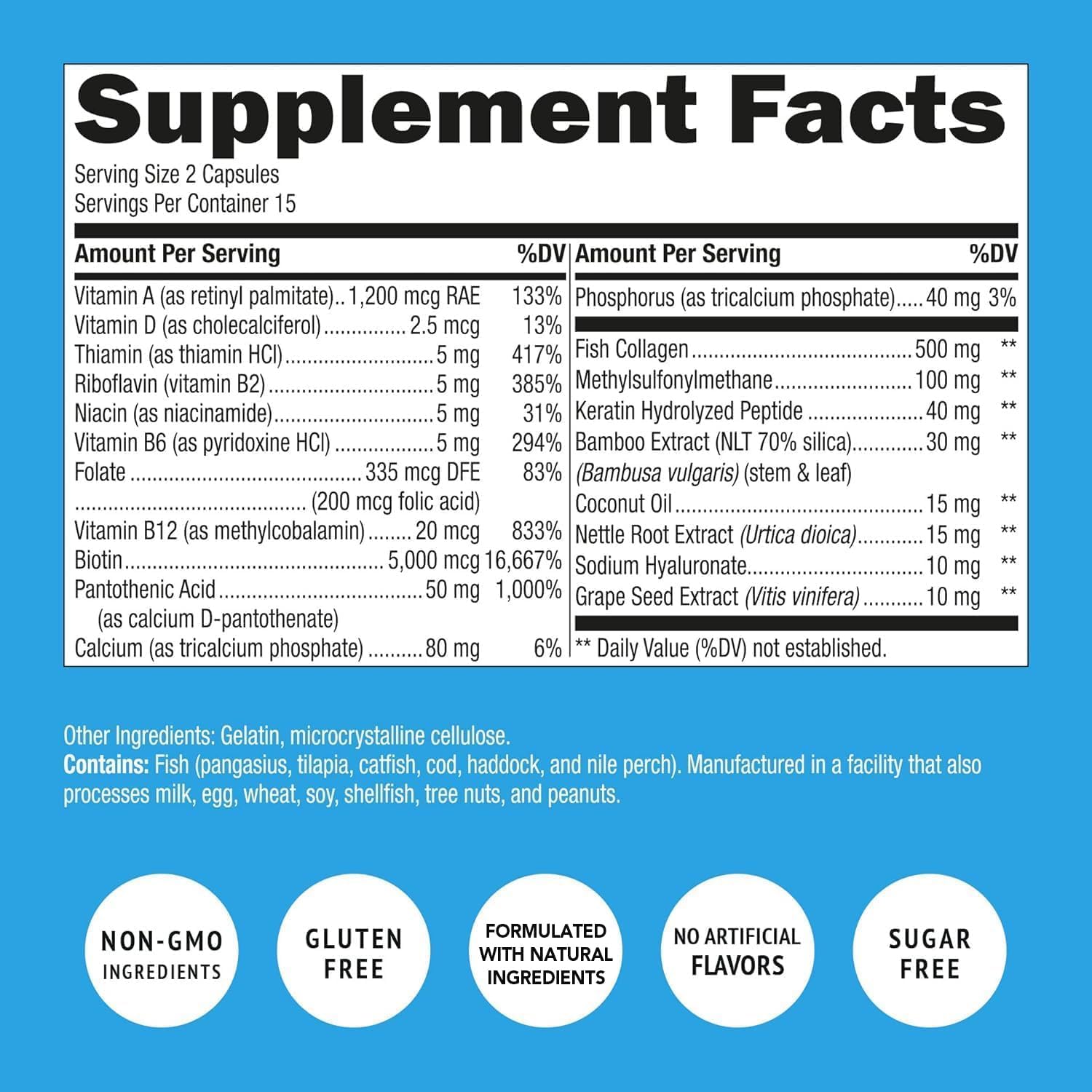 Biotin and Collagen Vitamins + Keratin with Folate - Hair Loss Treatments for Women & Men - Follicle, Skin and Nails Supplements for Hair Growth & Postpartum Support - GMO Free & Gluten Free (60 Caps)