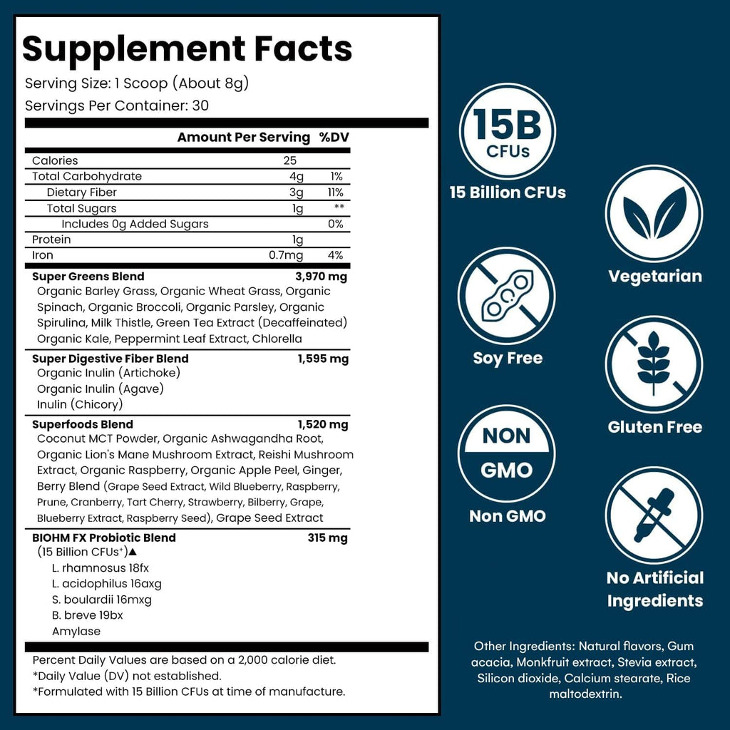 BIOHM Super Greens, Green Superfood Powder (8.5 Oz, 30 Servings) Antioxidant Veggie Powder & Smoothie Mix, 34 Superfoods & Spirulina, Digestive Enzymes, Prebiotics and Probiotics, Mixed Berry Flavor