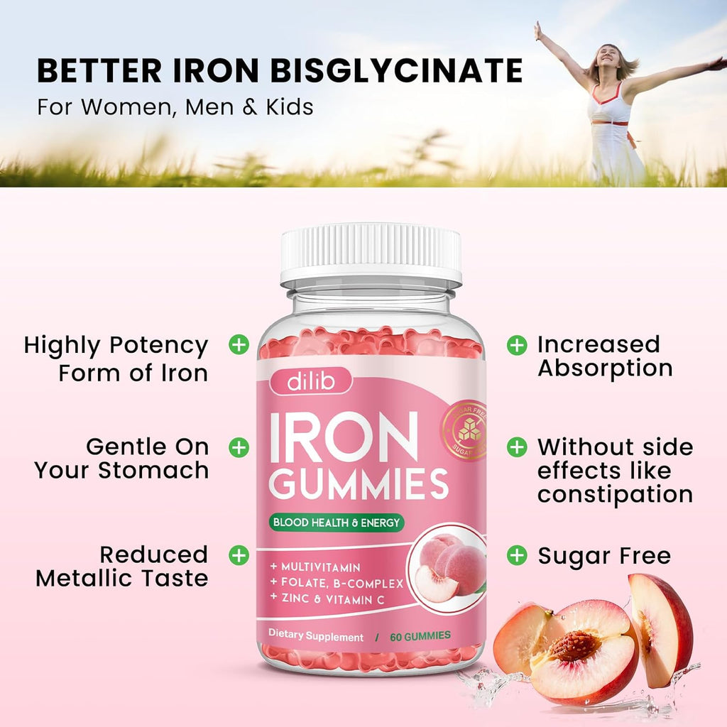 Iron Gummies with Multivitamin, Iron Supplement for Women & Men, Kids Multivitamin with Iron, Zinc, Vitamin B Complex & C, B12, Folate - Blood Builder, Energy Support, Peach Flavor, Vegan 60 Gummies