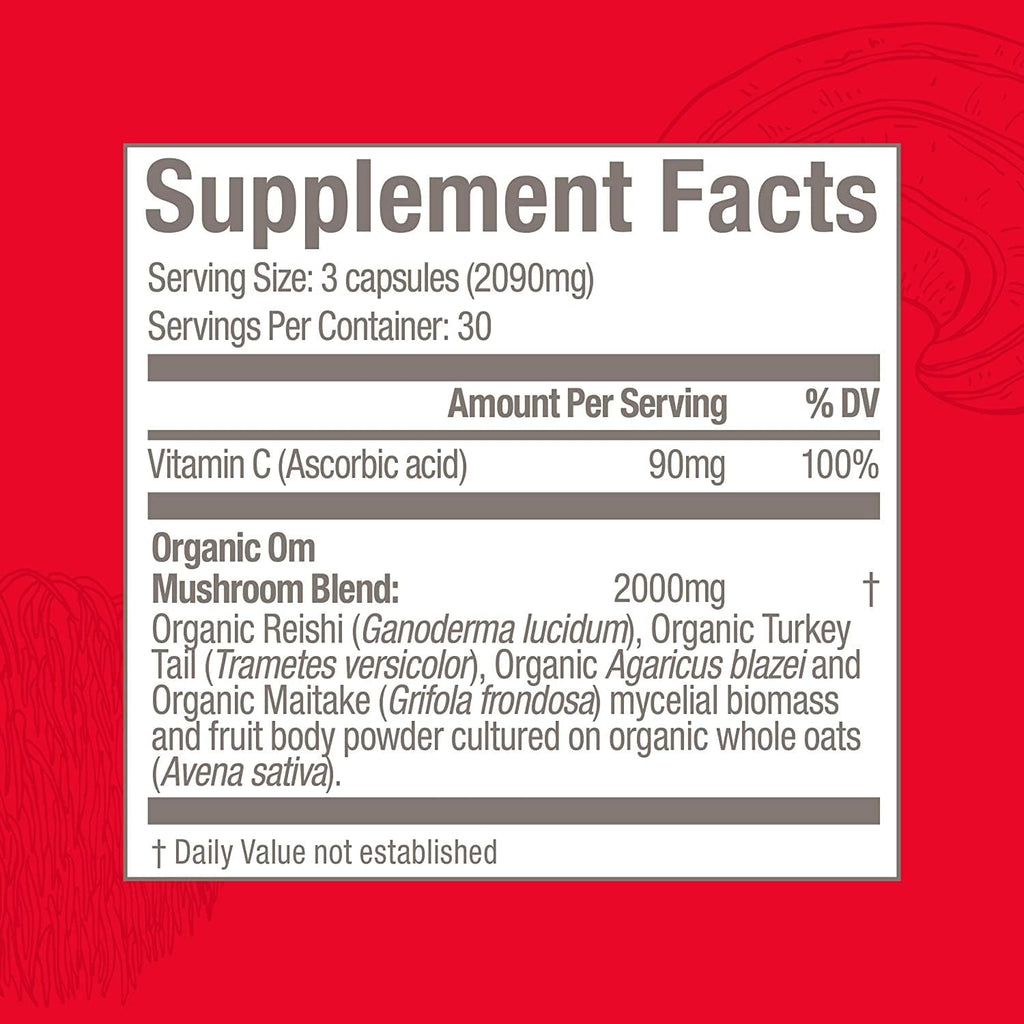 Om Mushroom Superfood Immune Defense Mushroom Capsules Superfood Supplement, 90 Count, 30 Days, Mushroom Blend, Reishi, Turkey Tail, Maitake, Agaricus Blazei, Vitamin C, Vegan