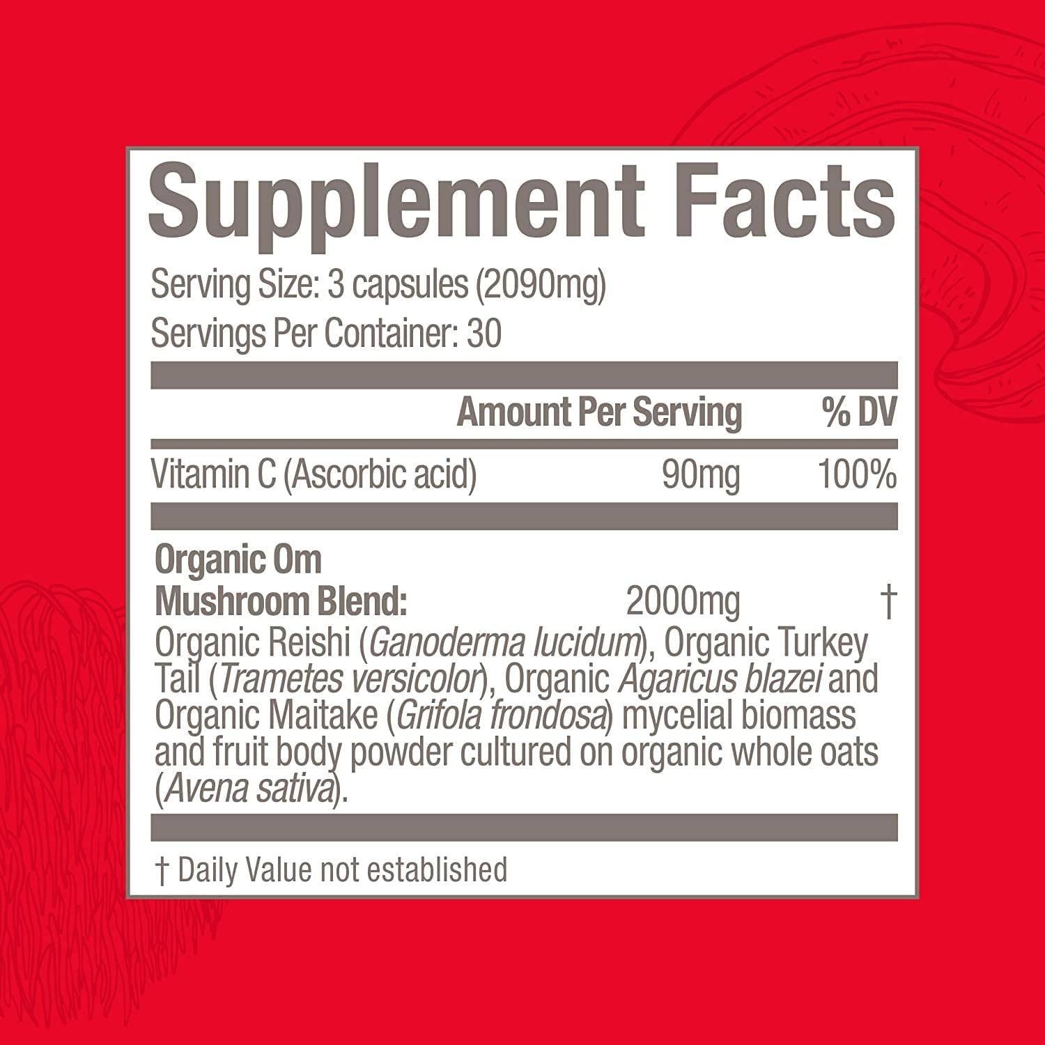 Om Mushroom Superfood Immune Defense Mushroom Capsules Superfood Supplement, 90 Count, 30 Days, Mushroom Blend, Reishi, Turkey Tail, Maitake, Agaricus Blazei, Vitamin C, Vegan