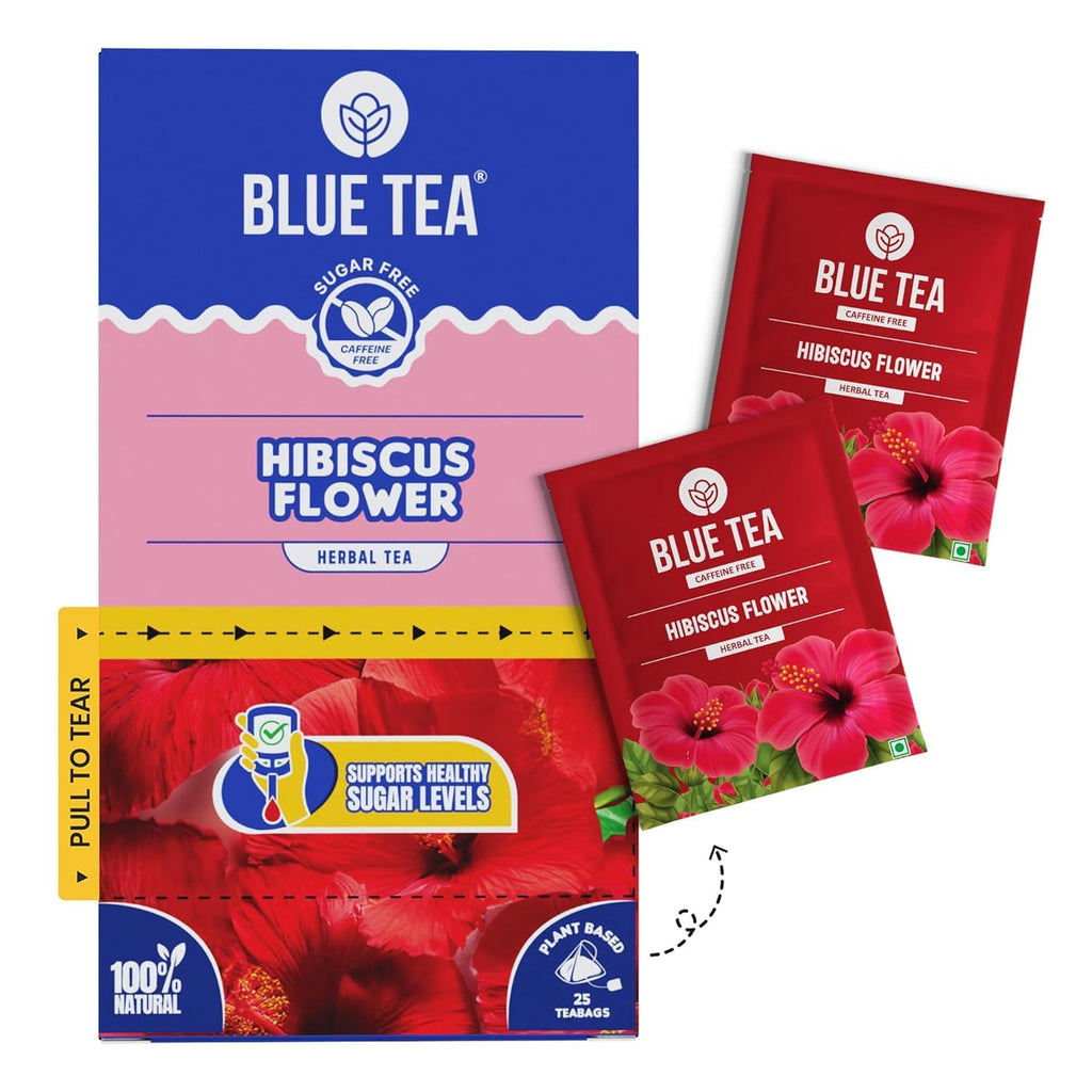 BLUE TEA - Hibiscus Tea - 25 Count - Plant Based Tea Bags | Supports Healthy Sugar Levels | Enhances Skin Glow | Caffeine Free - Herbal Tea - Tangy Flavour | Single Tear Tea Box | Easy Pull Sachets