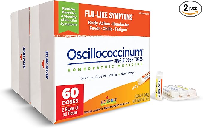 Boiron Oscillococcinum for Relief from Flu-Like Symptoms of Body Aches, Headache, Fever, Chills, and Fatigue - 60 Doses (Pack of 2)