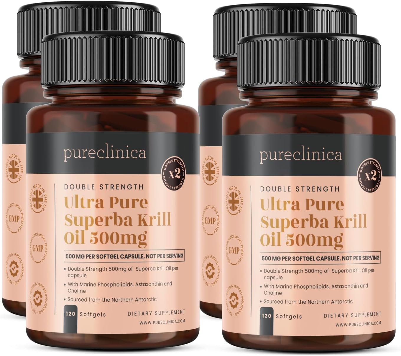Ultra Pure Krill Oil 500mg x 480 Capsules (4 Bottles) - Sourced in The Unpolluted Waters of Antarctic Providing a Rich Supply of Astaxanthin and Omega 3