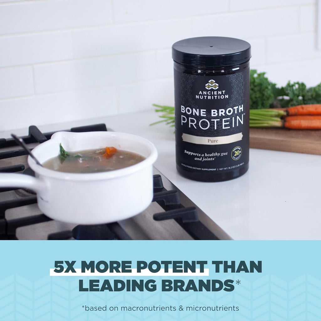Ancient Nutrition Grass Fed & Cage Free Bone Broth Protein Powder, 20g Protein Per Serving, Hydrolyzed Collagen Peptides, Glucosamine, Chondroitin, Supports Joint & Gut Health, Pure, 20 Servings