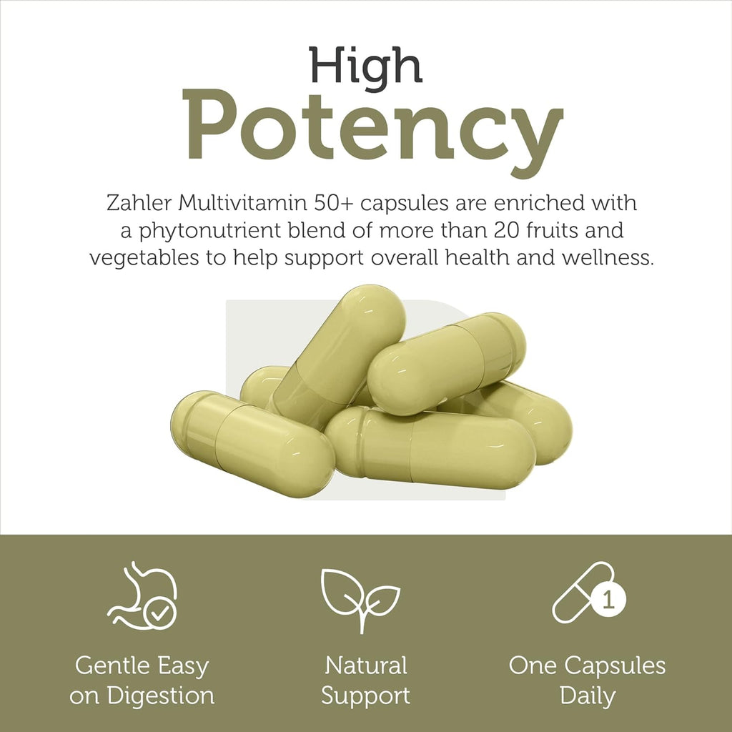 Zahler Multivitamin 50+, Iron-Free Formula + Lutein for Eye Health, 60 Capsules.