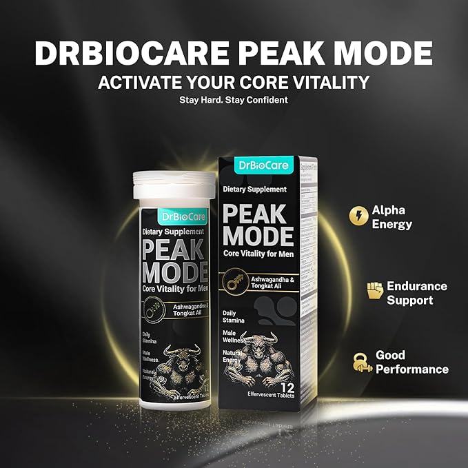 DrBioCare Peak Mode Core Vitality for Men 7-in-1 Effervescent Tablets | Tongkat Ali, Maca & L-Arginine，Ashwagandha, | Boost Stamina, Drive & Blood Flow for Good Performance | Berry Flavor 24 Tablets