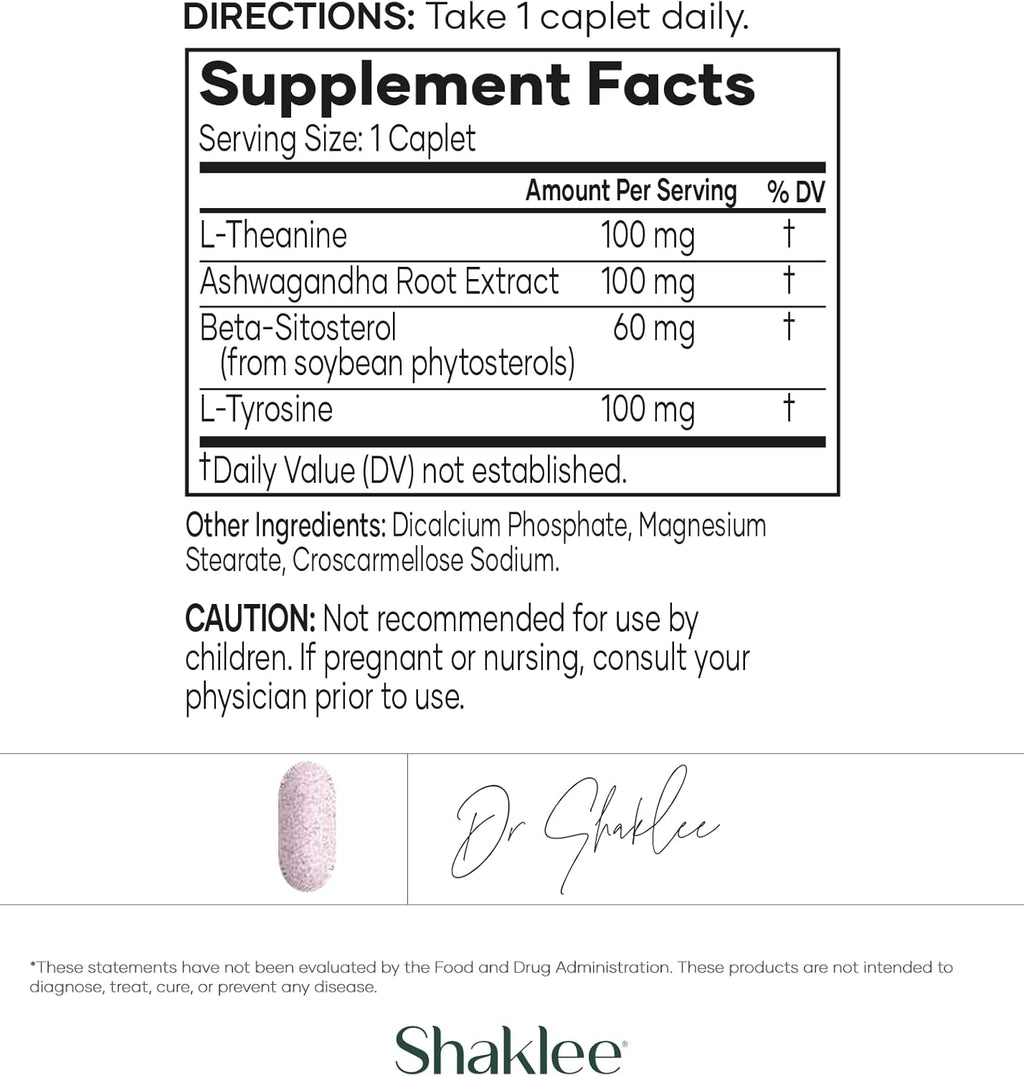 Shaklee - Stress Relief Complex - Calming Blend of L-theanine, Ashwagandha, Beta-sitosterol, and L-tyrosine - Promotes Relaxation without Drowsiness - 1 Caplet Daily - Adults Supplement - 30 Caplets