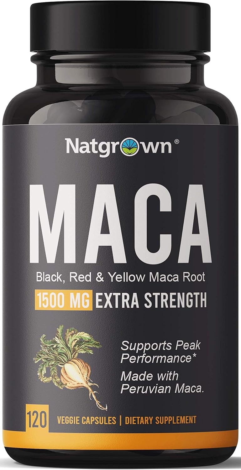 Natgrown Organic Maca Root Powder Capsules 1500 mg with Black + Red + Yellow Peruvian Maca Root Extract Supplement for Men and Women - Vegan Pills