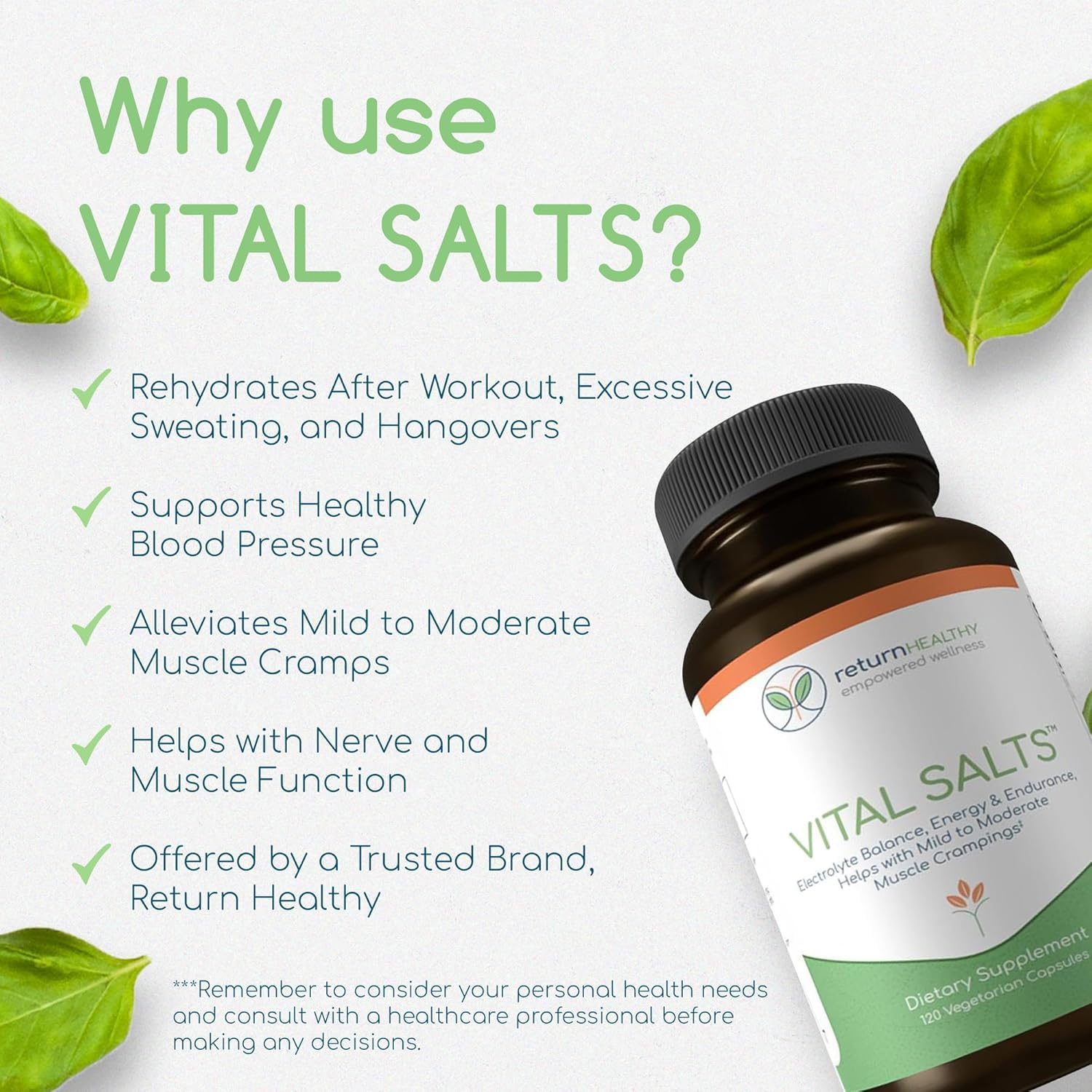 Vital Salts, Electrolyte Salts for Energy and Endurance, Sodium Chloride, Electrolyte Supplements, Blood Pressure Support Supplement, Muscle Cramps Relief, 120 Salt Capsules - Return Healthy