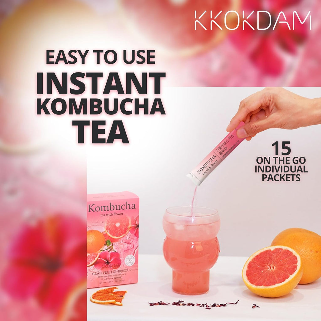 KKOKDAM Kombucha Tea - Grapefruit & Hibiscus Korean Tea - Kombucha Drinks Probiotic Support, Low Calorie, Sugar Free Kombucha Pack - 15 Packs