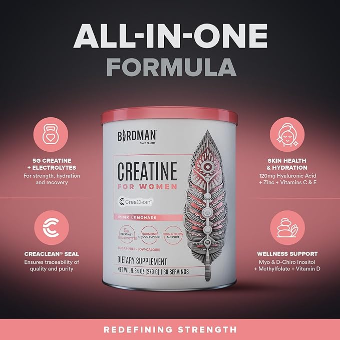 BIRDMAN Creatine for Women | Creatine Monohydrate Powder with Myo & D-Chiro Inositol, Hyaluronic Acid, Zinc, Electrolytes and Vitamins | Sugar Free, Pink Lemonade | 30 Servings