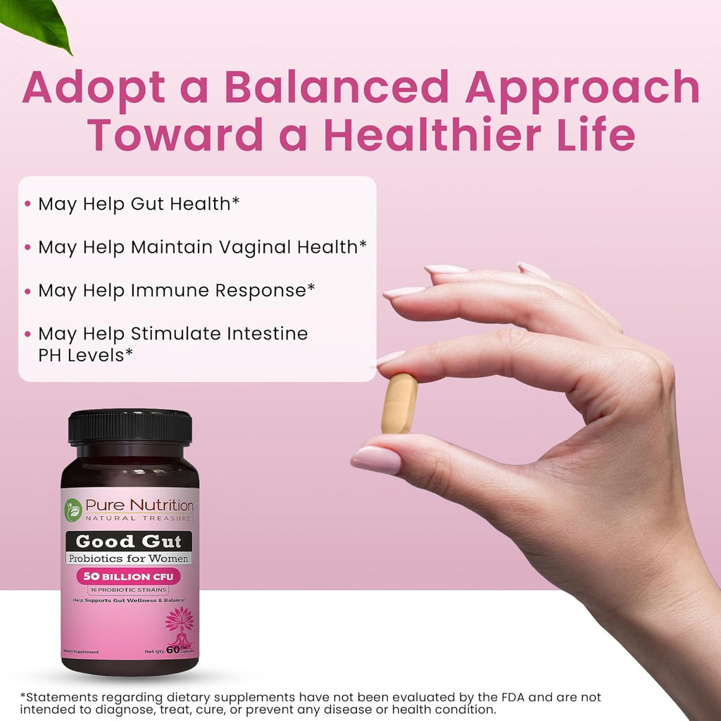 Pure Nutrition Good Gut Women's Probiotics 50 Billion CFU, 16 Strains | 60 Caps | Probiotics for Women with Organic Prebiotic Blend | Once Daily | Non GMO | Gluten Free