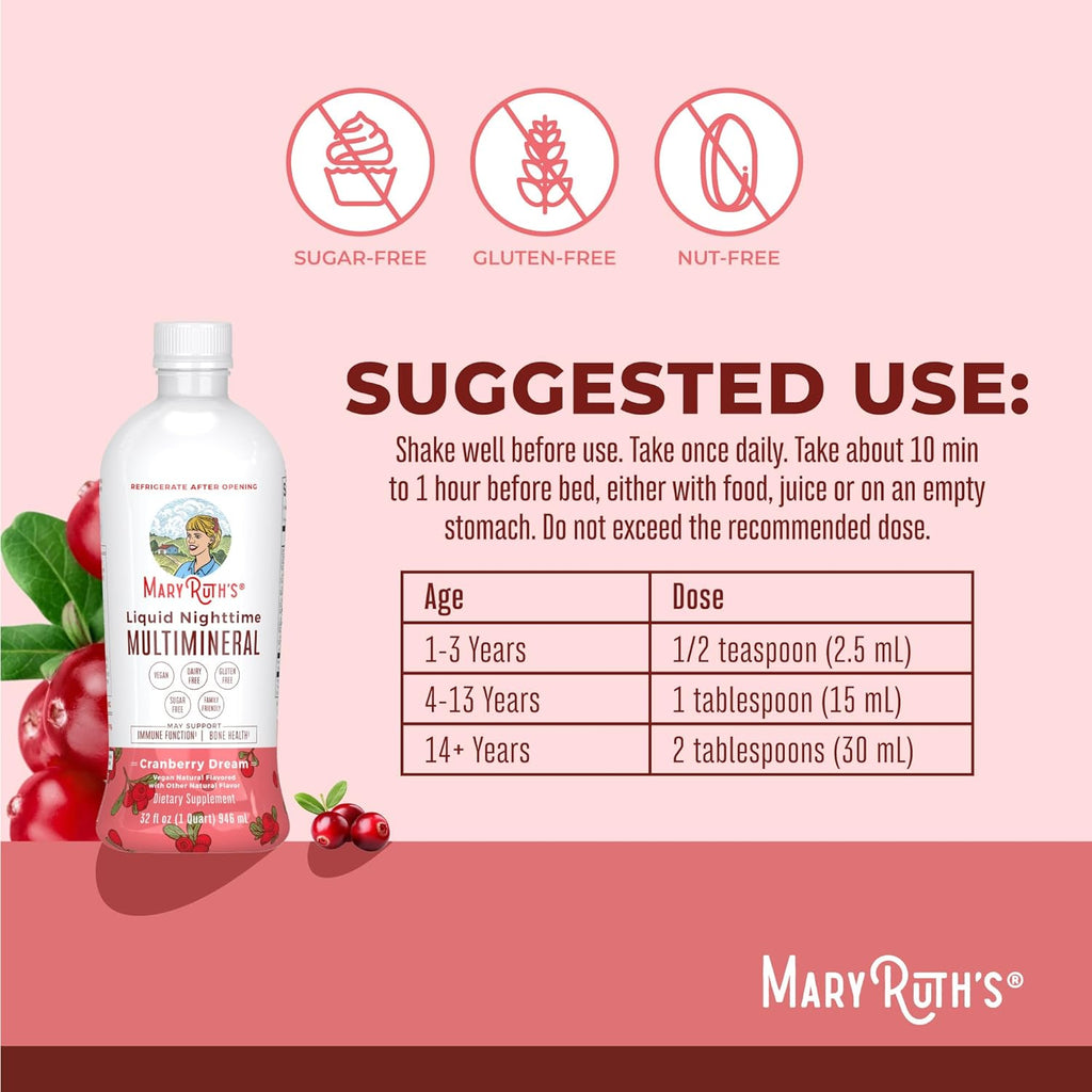 MaryRuth Organics Liquid Nighttime Multimineral | No Melatonin | Bedtime Routine | Magnesium Citrate | Calcium | Zinc | Vitamin D3| Available in 4 Flavors | Vegan | Sugar Free | Gluten Free | 32 Oz