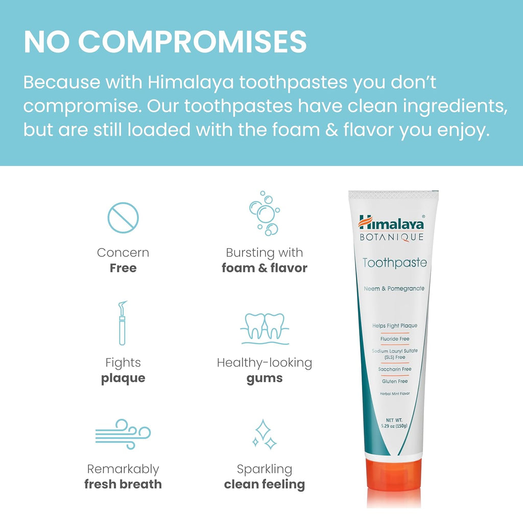 Himalaya Botanique Original Neem & Pomegranate Botanical Toothpaste, Fights Plaque, Brightens Teeth, Fluoride Free, No Artificial Flavors, SLS Free, Cruelty Free, Foaming, Mint Flavor, 5.29 Oz, 2 Pack