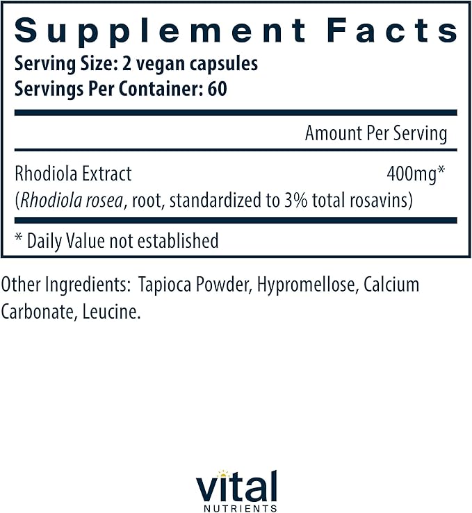 Vital Nutrients Rhodiola Rosea | Rhodiola Supplement for Healthy Energy, Memory, and Stress Support | Gluten, Dairy, Soy Free | Non-GMO | 120 Capsules