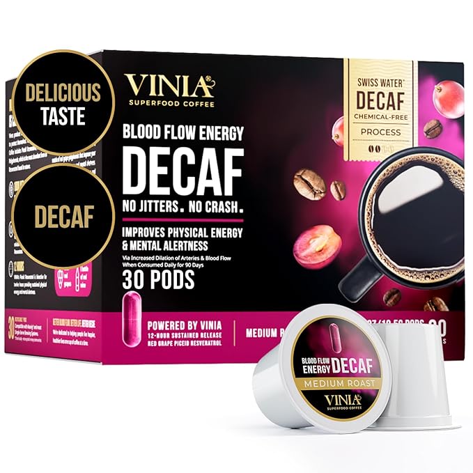 VINIA Decaf Medium Dark Roast with Red Grape Piceid Resveratrol, Nitric Oxide for Heart Health, Alertness, Physical Energy & Blood Flow Circulation. 60ct K-Cup Pods