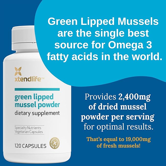 Xtendlife Green Lipped Mussel Powder - 2400mg Supplement with Omega-3 Fatty acids from New Zealand for Joint Health, 120 Capsules (3 Pack)