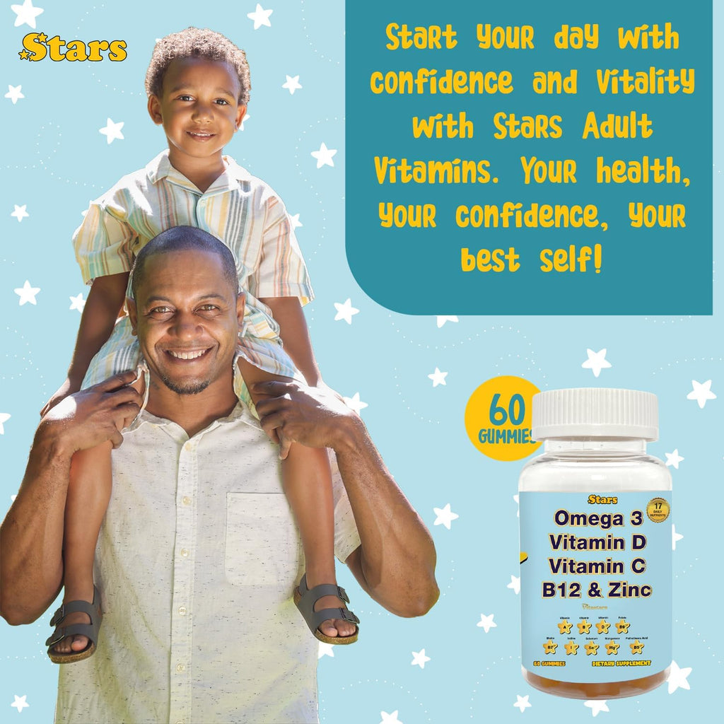Adult Multivitamin Gummies with Omega 3 - Daily Vitamins A, B, C, D & Biotin - Gluten-Free, Plant-Based Multivitamin for Men & Women with Selenium, 60 Gummies