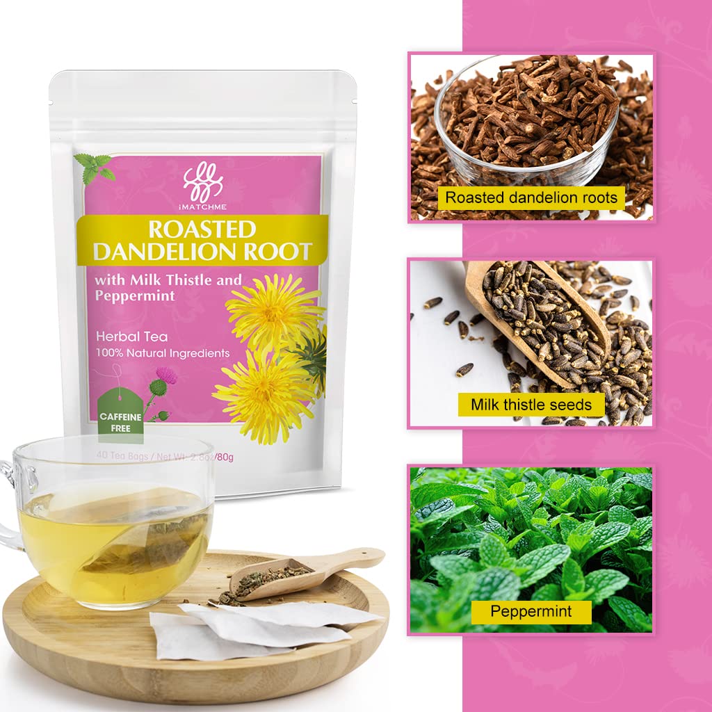 Premium Roasted Dandelion Root Tea with Milk Thistle and Peppermint - Herbal Tea for Cleanse and Digest, 40 bags