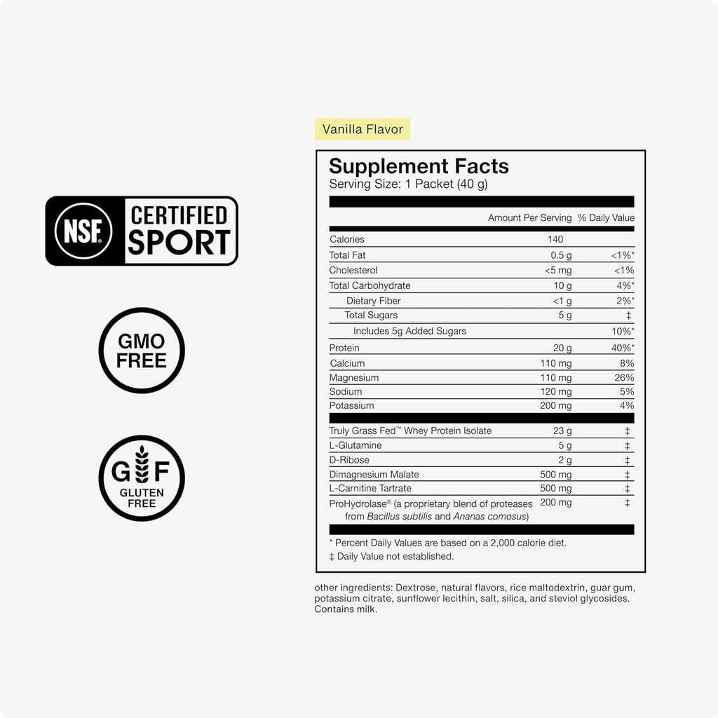 Momentous Recovery Grass-Fed Whey Protein Powder - 20 g Post-Workout Whey Isolate Protein - NSF Certified for Sport - Gluten-Free - 15 Servings - Vanilla - Package May Vary
