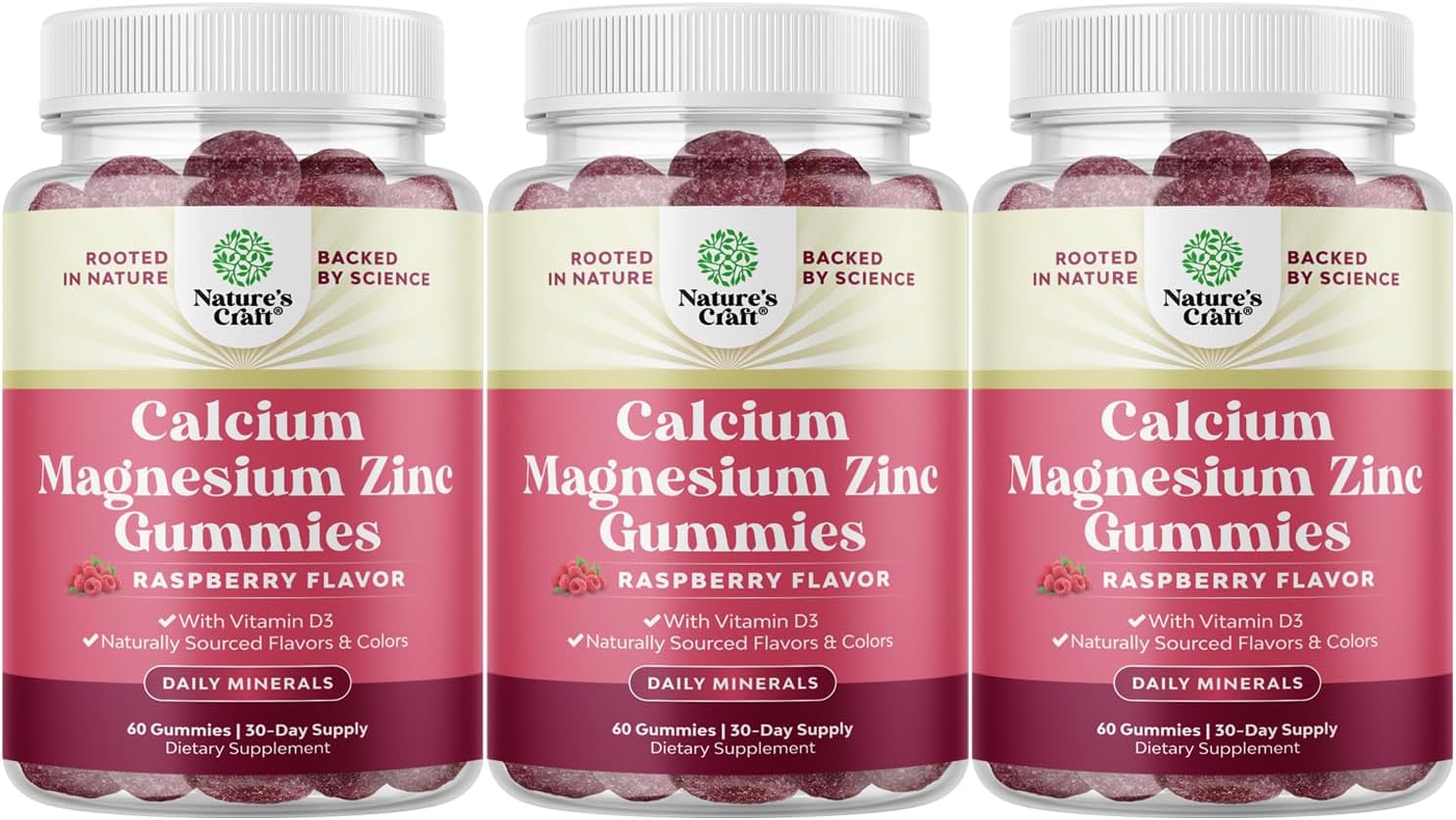 Calcium Magnesium Zinc Gummies - Magnesium Zinc Calcium Supplement Gummies with Vitamin D3 for Teeth and Bone Health - Certified Kosher Non-GMO Gelatin Free & Vegetarian Friendly (3 Month Supply)