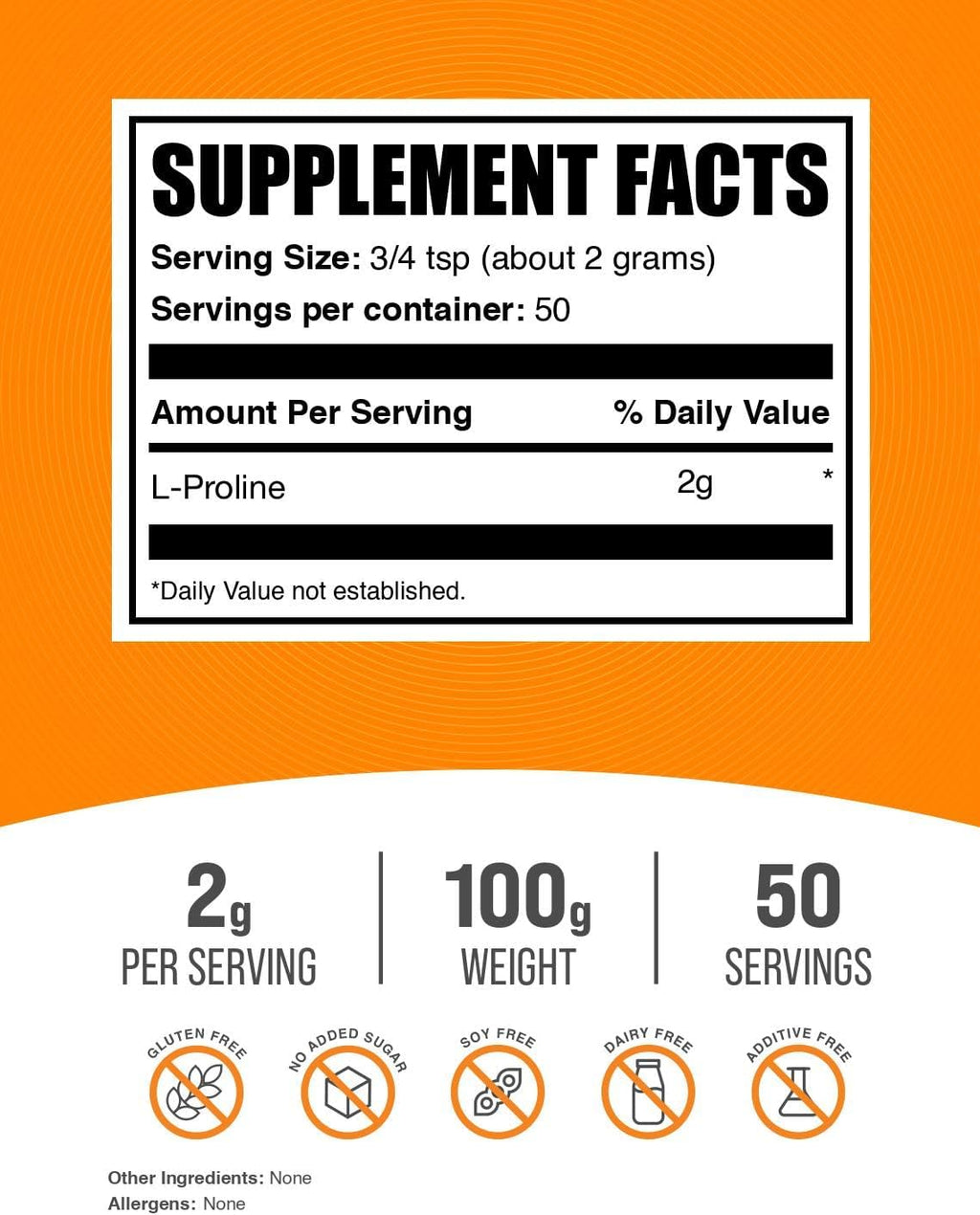 BulkSupplements.com L-Proline Powder - Proline Supplements, Amino Acid Powder - Unflavored & Gluten Free, 2g per Serving, 100g (3.5 oz) (Pack of 1)