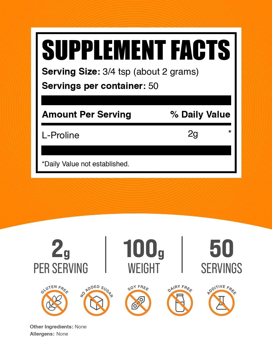 BulkSupplements.com L-Proline Powder - Proline Supplements, Amino Acid Powder - Unflavored & Gluten Free, 2g per Serving, 100g (3.5 oz) (Pack of 1)