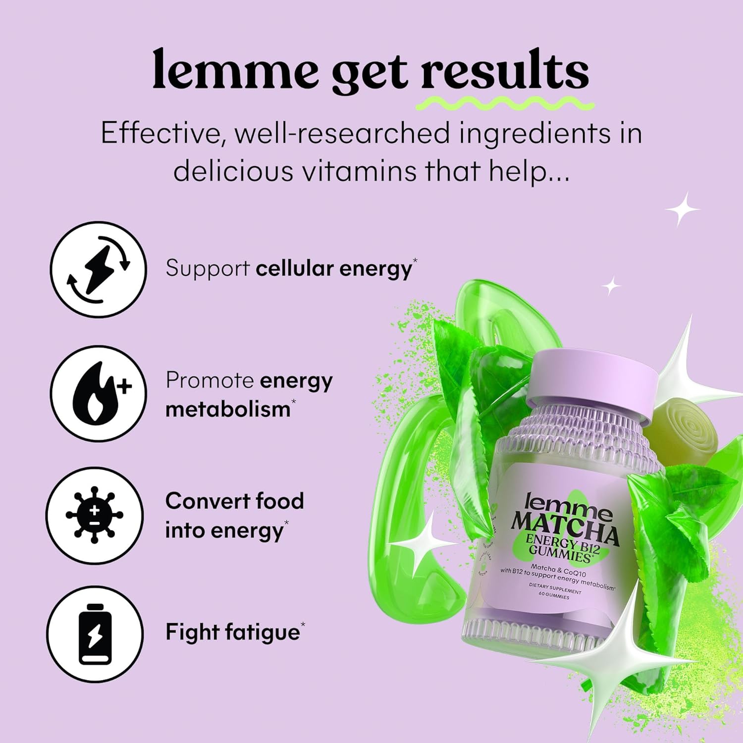 Lemme Matcha Superfood Energy Gummies with Organic Matcha Green Tea, Vitamin B12 and Antioxidant CoQ10 to Support Cellular Energy, Metabolism & Healthy Skin - Gluten Free, Non GMO (60 Count)