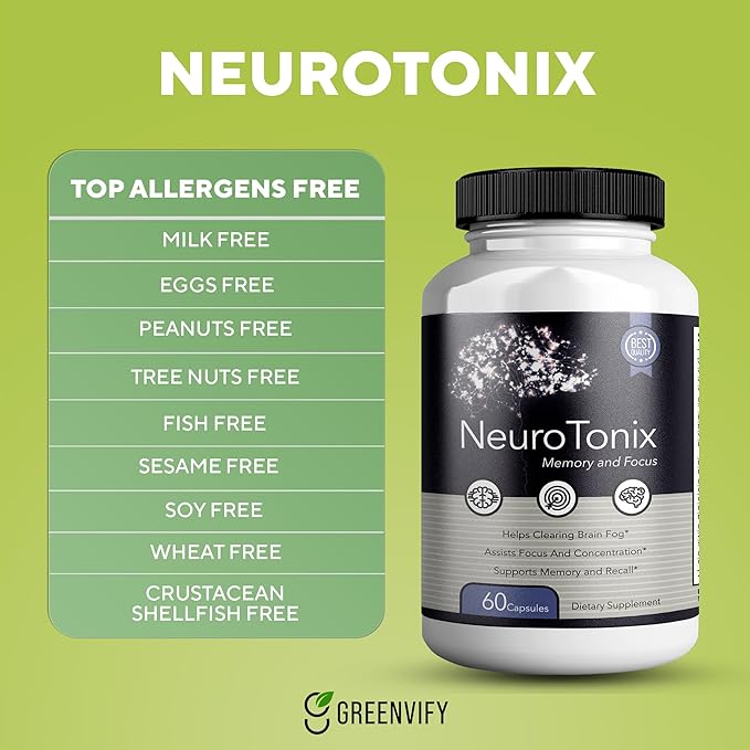 NeuroTonix Brain Support Supplement Enhance Memory & Focus Clear Brain Fog & Boost Cognitive Function 60 Natural Capsules Healthy Brain