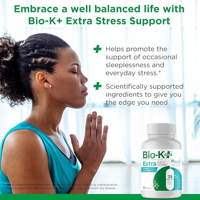 Bio K+ Extra Stress Support with Sensoril - Ashwagandha – Vegan Probiotics Supplement for Everyday Stress, Supports Sleep - 25 Billion CFU 3 Strains – 60 Capsules
